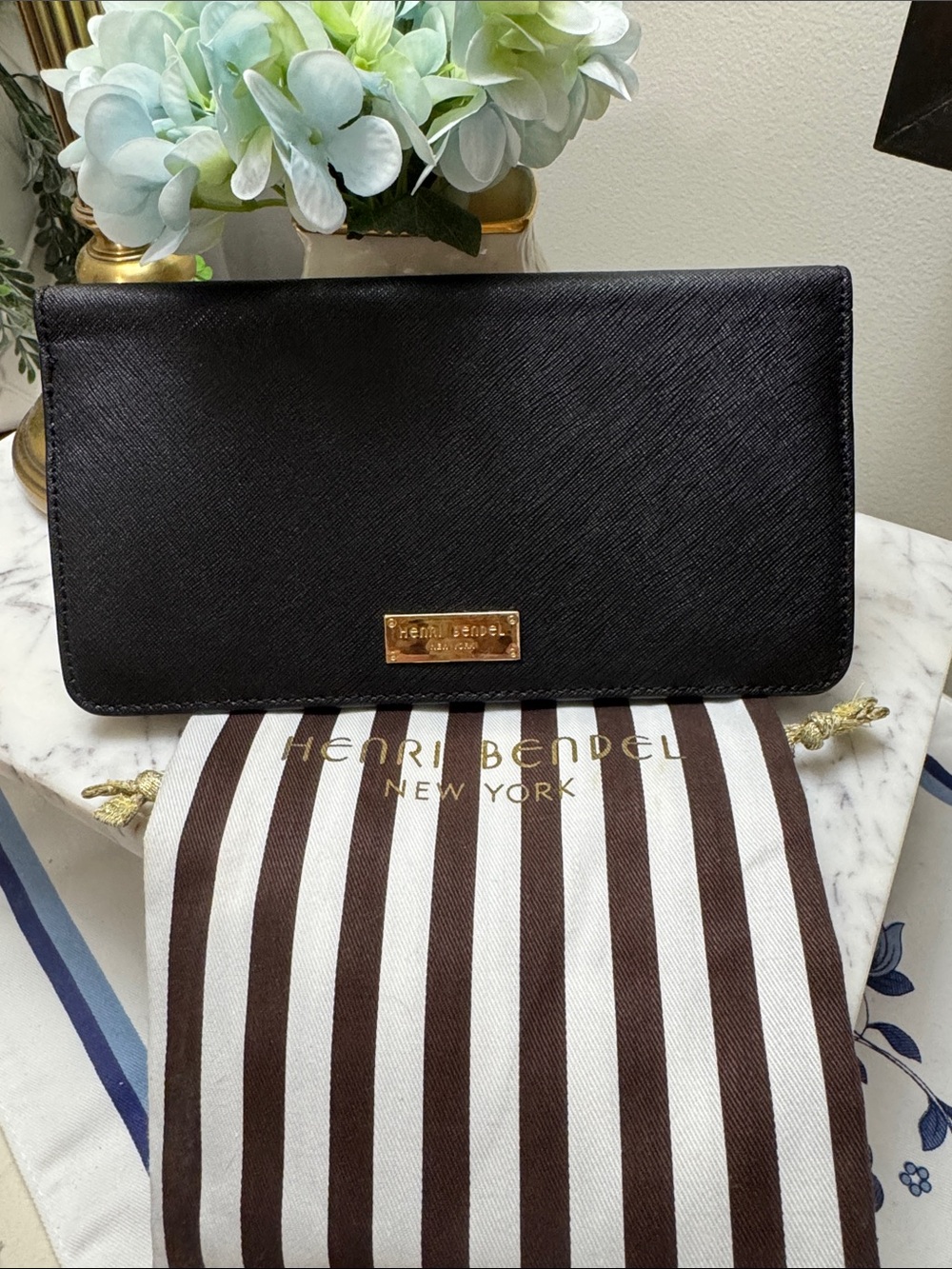 henri bendel Black Saffiano Leather Wallet with Gold Plaque